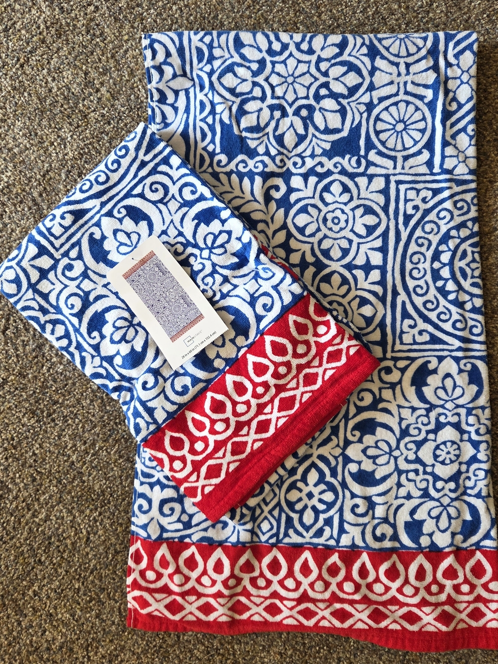 2 Blue and Red Patterned Beach Towels. Cotton. 28×60 Mainstays